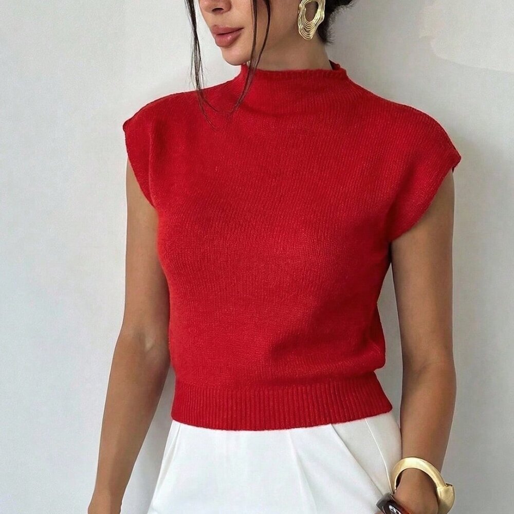 Red Casual Elegant Women's High Neck Knit Sleeveless Sweater Vest - Picture 4 of 7